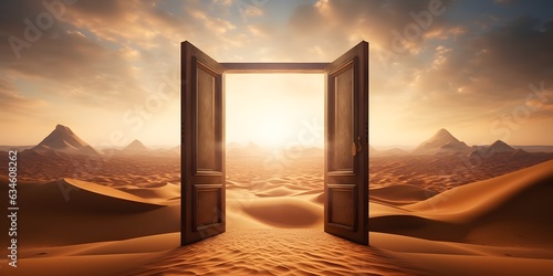 Opened door on desert. Unknown and start up concept. AI Generative © Lucky Ai