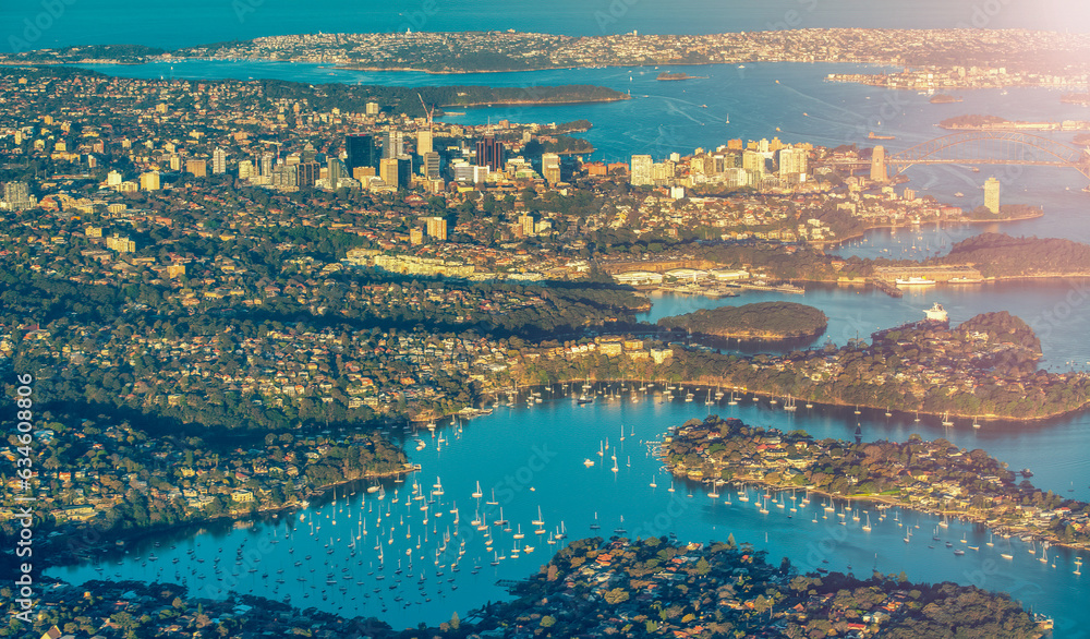 Amazing aerial view of Sydney from airplane on a sunny day, Australia