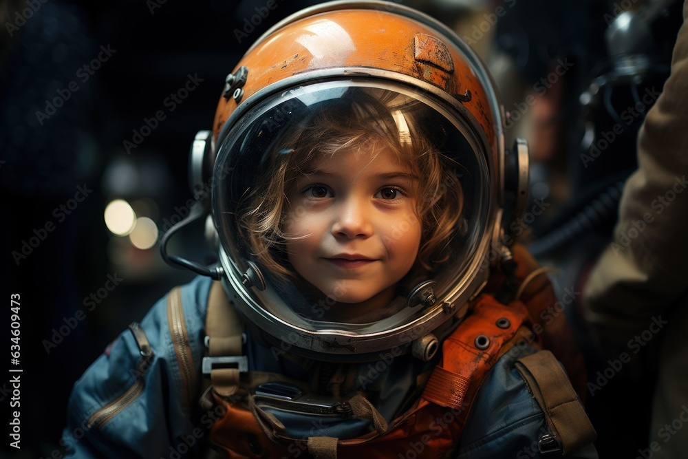Happy kid wear astronaut costume and smile in dream job. Happy kid wear astronaut costume and smile in dream job.