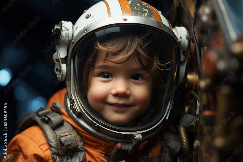Happy kid wear astronaut costume and smile in dream job. Happy kid wear astronaut costume and smile in dream job.