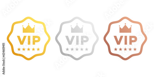 Set of VIP badges in gold, silver and bronze color. Round label with three VIP level. Vector illustration.