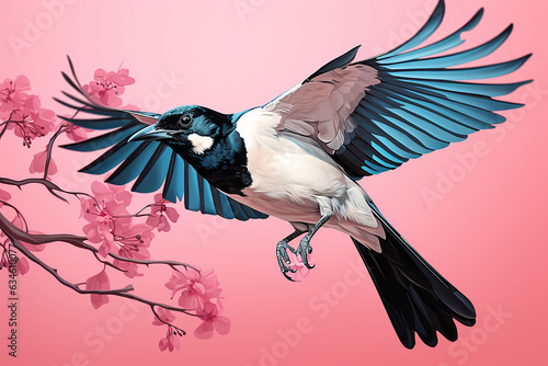 Magpie on a branch of a blossoming pink sakura.   © Maria