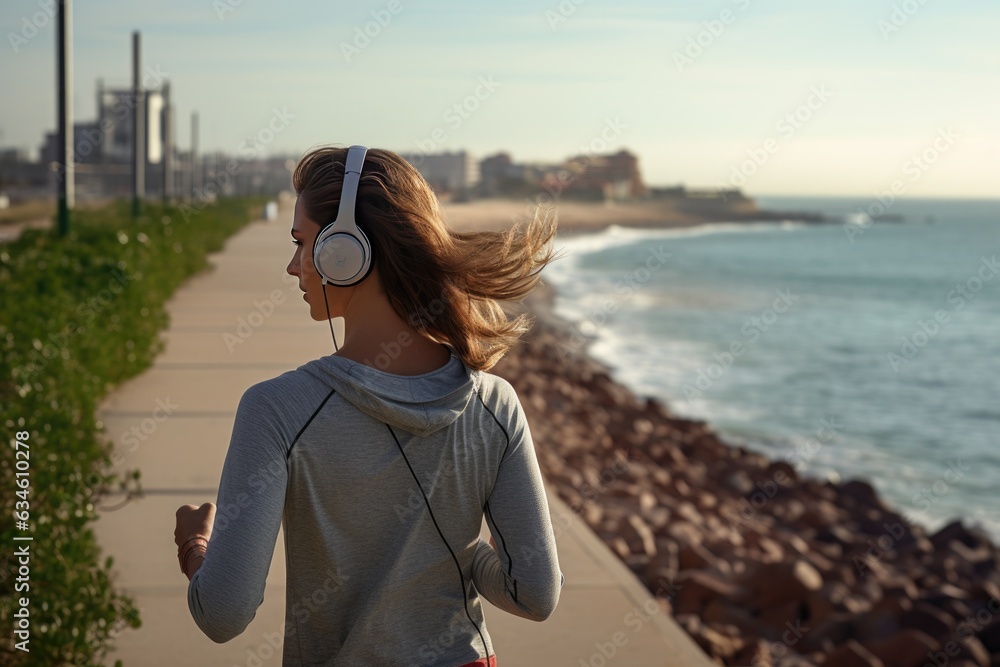 Young woman in headphones and sportswear exercising, jogging and fitness on the waterfront