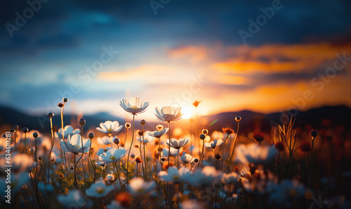 Beautiful wildflowers on a green meadow. Warm summer evening with a bright meadow during sunset. Grass silhouette in the light of the golden setting sun. Beautiful nature landscape with sunbeams. 