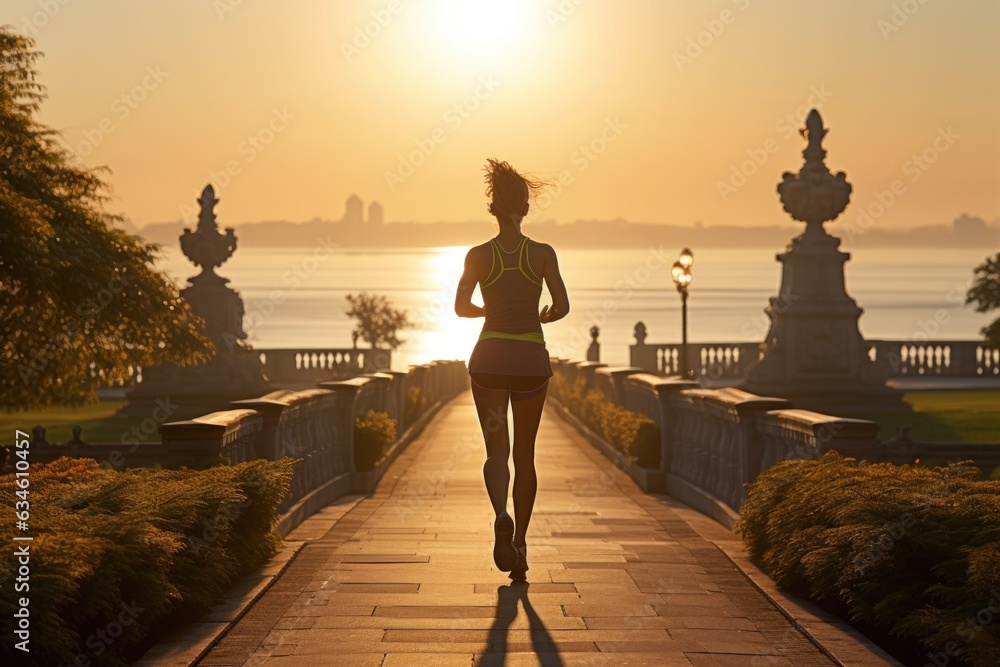 Fototapeta premium Young woman in headphones and sportswear exercising, jogging and fitness on the waterfront