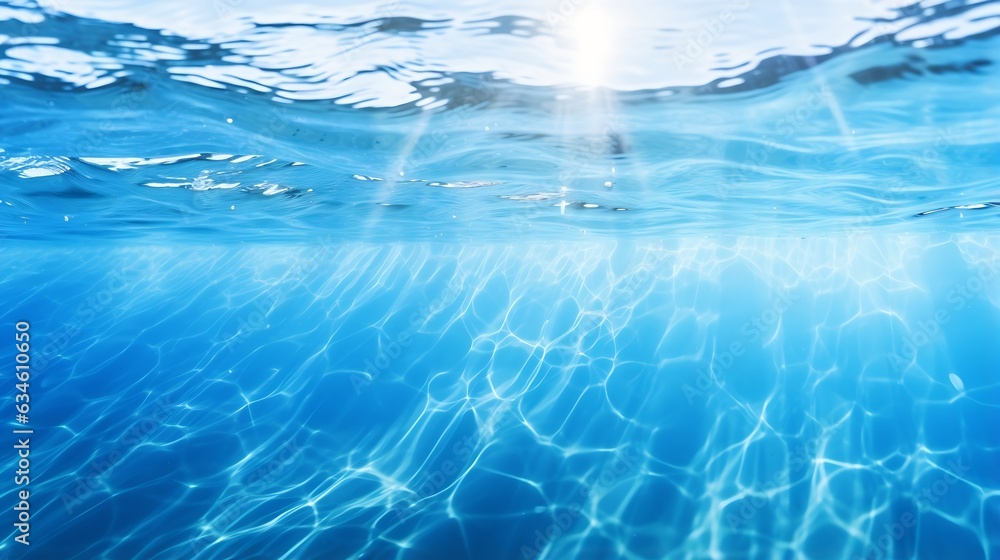 Generative AI : Beautiful light reflections in a crystal clear transparent water surface in a blue hue is a beautiful background image with space for text. Generative AI : Beautiful light reflections in a crystal clear transparent water surface in a blue hue is a beautiful background image with space for text.