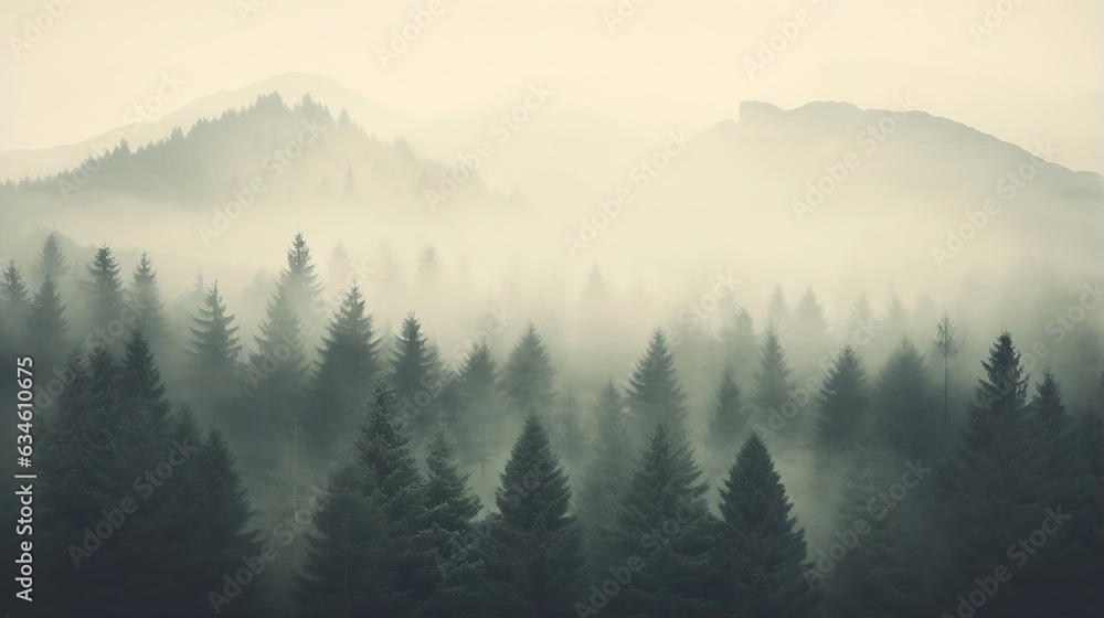 Generative AI : Misty landscape with fir forest in hipster vintage retro style