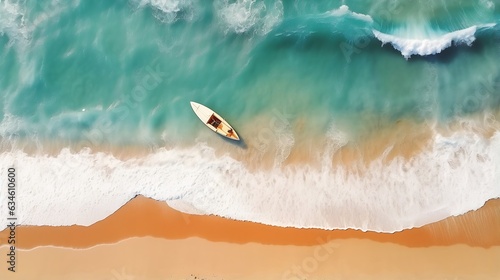 Generative AI : Wave and boat on the beach as a background. Beautiful natural background at the summer time from air © Generative AI