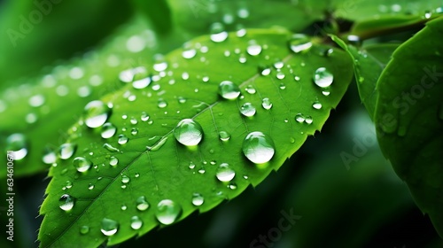Generative AI : Large beautiful drops of transparent rain water on a green leaf macro. Drops of dew in the morning glow in the sun. Beautiful leaf texture in nature. Natural background