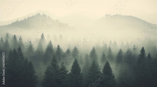Generative AI : Misty landscape with fir forest in hipster vintage retro style © Generative AI