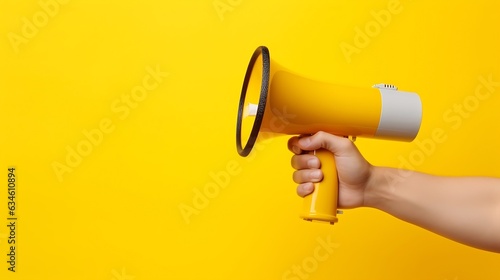 Generative AI : Hand holds a megaphone from a hole in the wall on a yellow background. Concept of hiring, advertising something. Banner.