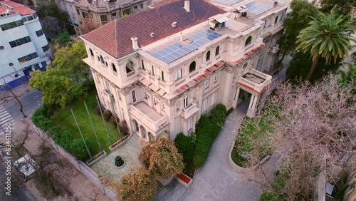 Aerial view dolly in the Bruna Palace Italian Renaissance style mansion in the bohemian Lastarria neighborhood, Santiago Chile. photo