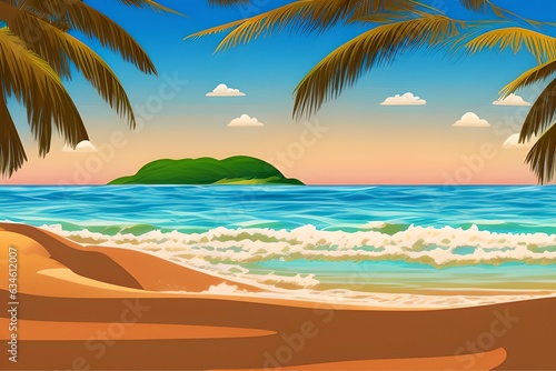 Stunning Beach Landscapes with waves and clouds. Digital illustration. Kids Cartoon Backgrounds. Children Story Book illustration. 2d illustration. Generative AI