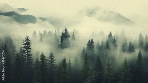 Generative AI : Misty landscape with fir forest in hipster vintage retro style © Generative AI