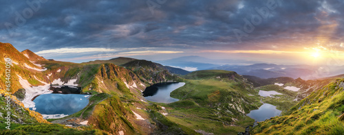 Aerial panoramic view of Seven Rila lakes and waterfalls in nature of mountain range  hiking  trekking and tourism in Bulgaria