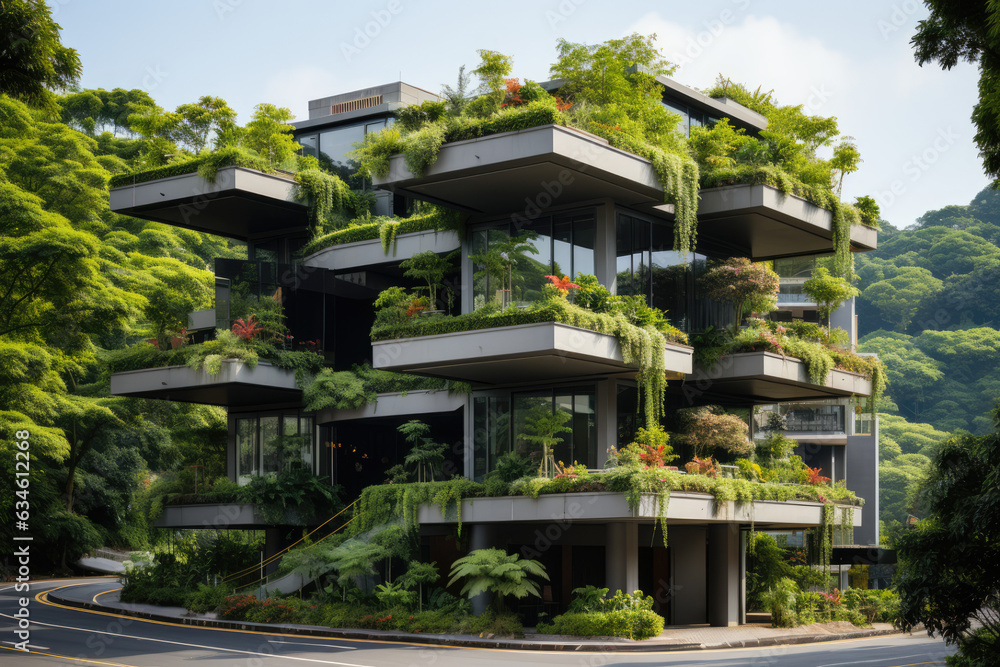 An office building with healthy plants, trees and shrubs