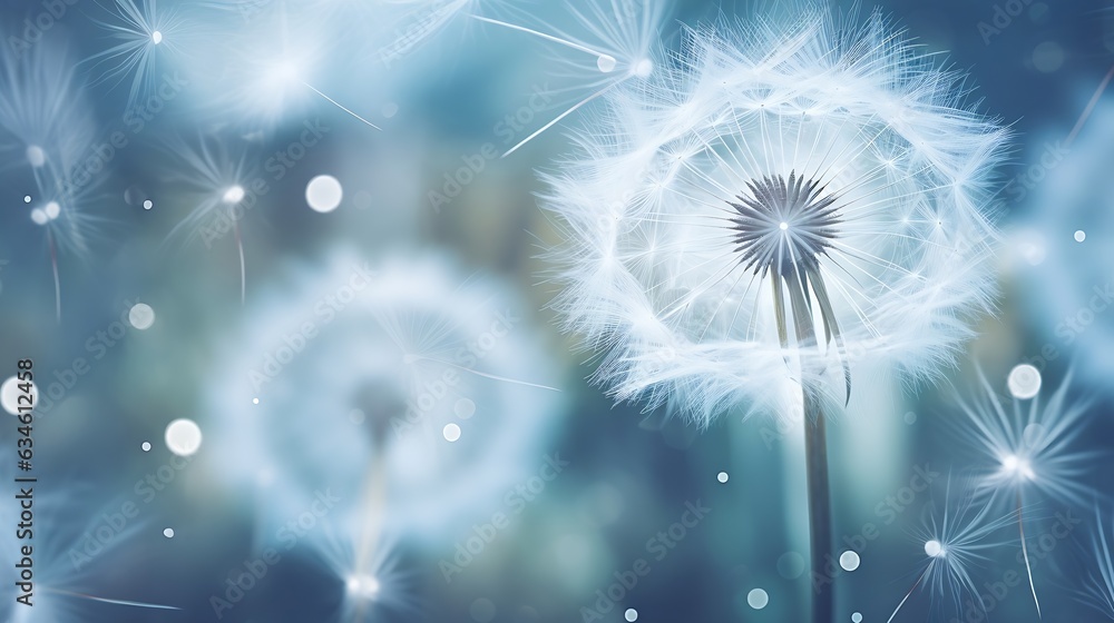 Naklejka premium Generative AI : Abstract dandelion flower background, extreme closeup. Big dandelion on natural background. Art photography