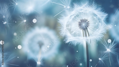Generative AI : Abstract dandelion flower background, extreme closeup. Big dandelion on natural background. Art photography