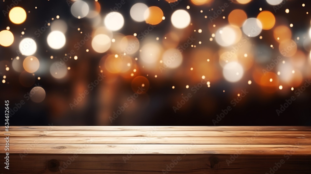 Generative AI : image of wooden table in front of abstract blurred background of resturant lights