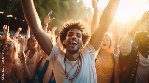 Epitomizing youth and fun people, Diverse, energetic group of millennials dancing with joy and excitement at a lively music festival, Generative AI