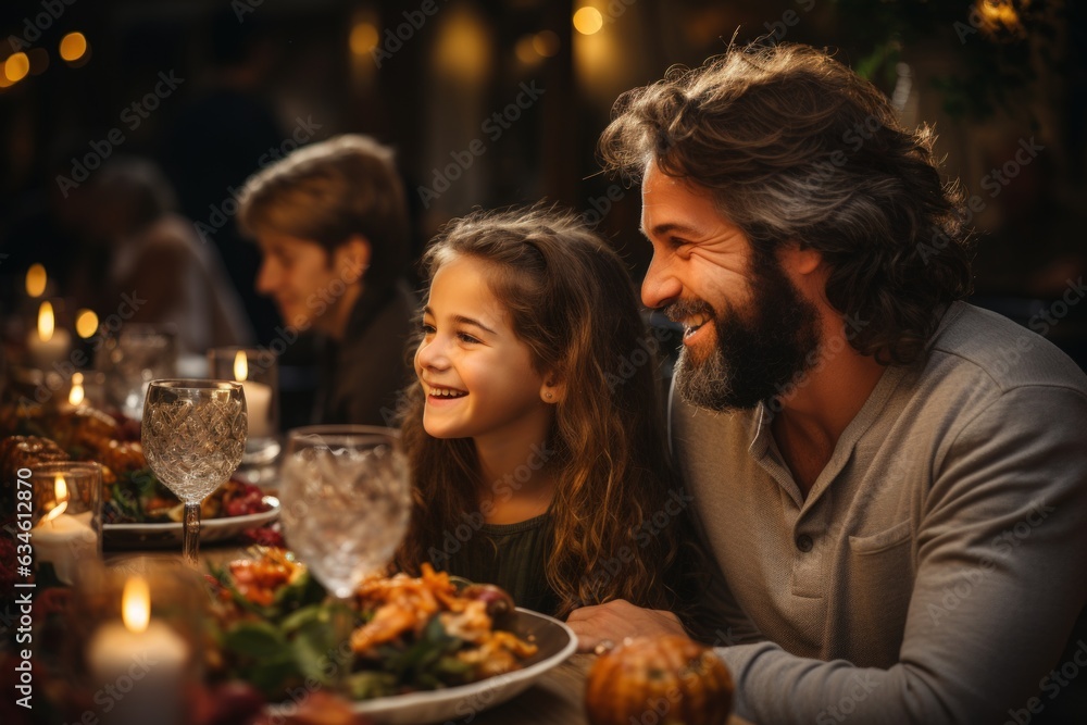 People in family celebrate thank giving day together in dinning room.