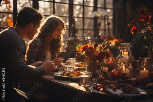 People in family celebrate thank giving day together in dinning room.