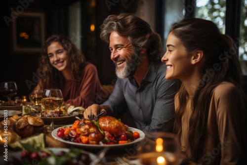 People in family celebrate thank giving day together in dinning room.