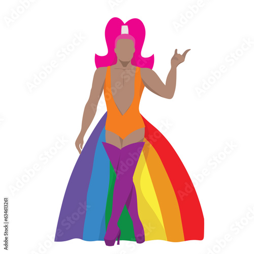 A beautiful and confident drag queen in orange dress with colorful rainbow cape for LGBTQ+ concept and for equality and diversity supporting. Vector illustration flat charactor on white background