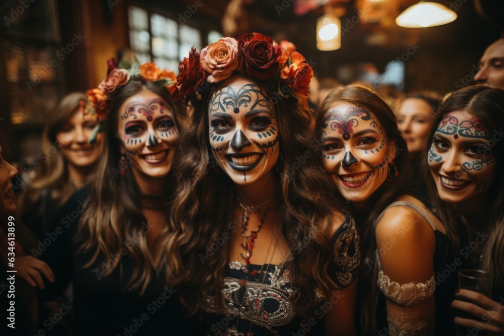 Woman paint her face skull and decorate with flower. Day of death culture concept background. Woman paint her face skull and decorate with flower. Day of death culture concept background.