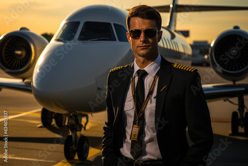 a private airline pilot in his uniform standing in front of a jet 