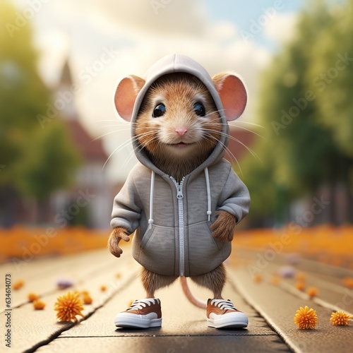 A cute little mouse with a hoodie and tennis shoes, beautiful background, Generative AI