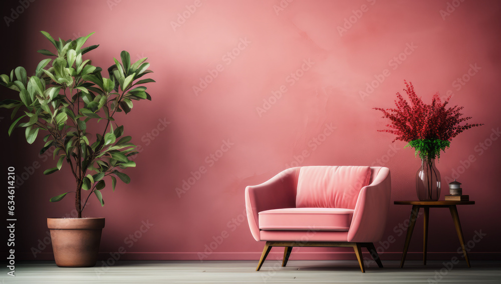 The room is pink, with a chair and vegetation. Interior for your products 