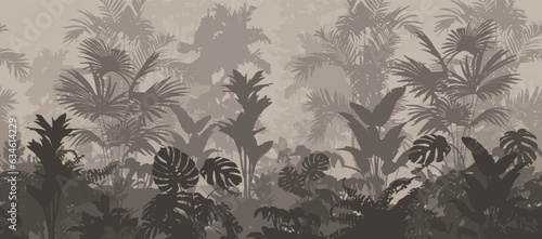 Seamless horizontal background, vector. Jungle, tropical forest with a variety of plants. Green tones	