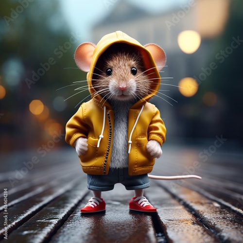 A cute little mouse with a hoodie and tennis shoes, beautiful background, Generative AI photo