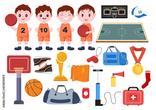 Set Basketball Element Vector Illustration with Various Equipment Basketballs Background in Flat Cartoon for Web Banner or Sticker Templates