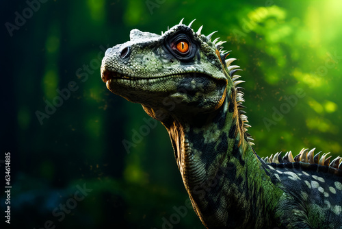 Close up of dinosaur s face with trees in the background.