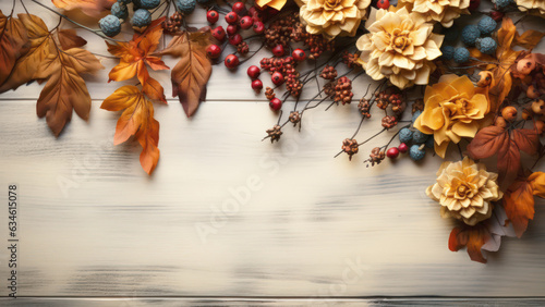 Autumn season frame dried flowers on wooden board with copy space background. Thank giving day concept background. © ant