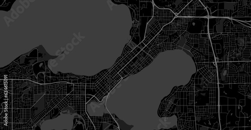 Background Madison map, Wisconsin, black city poster. Vector map with roads and water. Widescreen proportion, flat design roadmap.