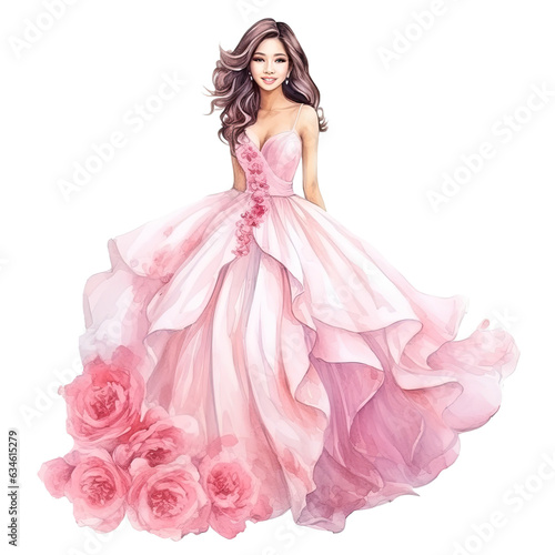 watercolor wedding dress with spring flower, Ai Generated