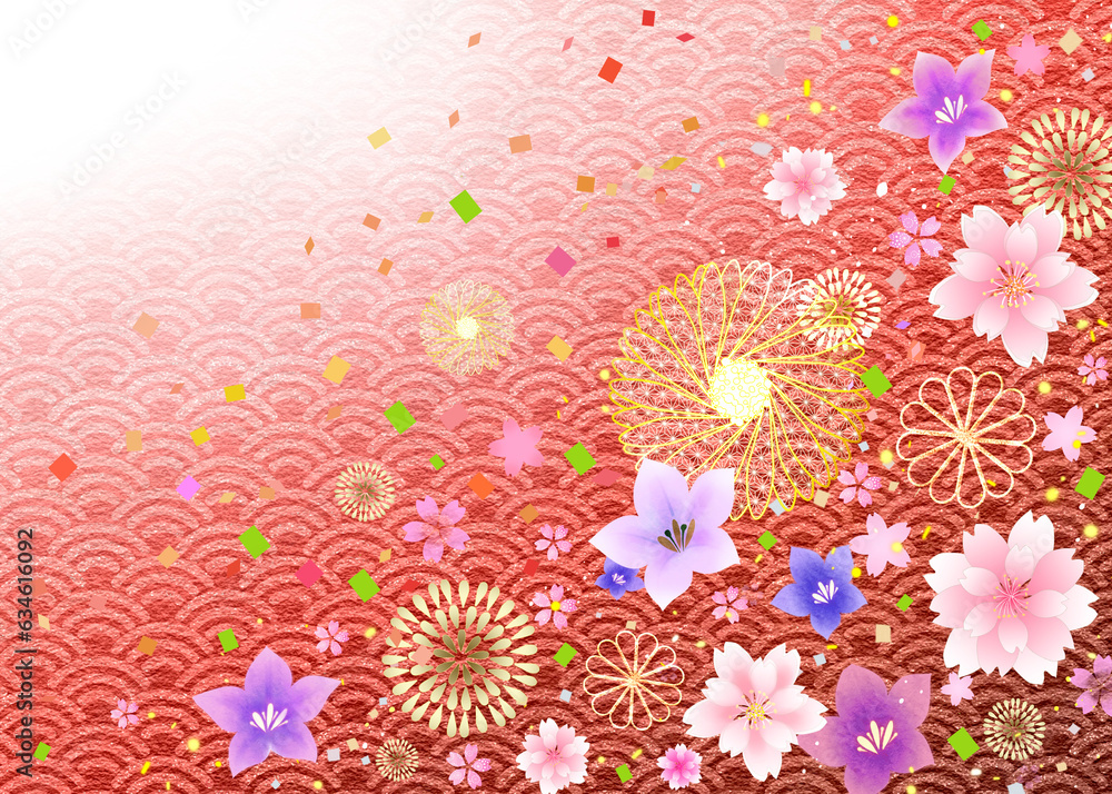 Naklejka premium 花と金装飾の豪華な和柄背景 高級感 青海波 年賀状 和紙 和風 キラキラ赤