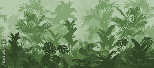 Seamless horizontal background, vector. Jungle, tropical forest with a variety of plants. Green tones	