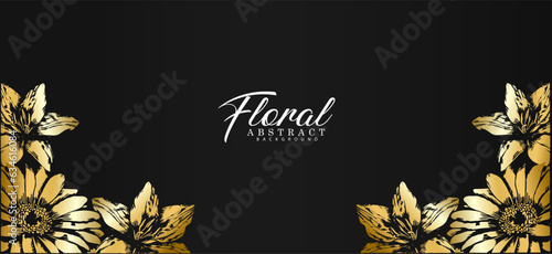 Elegant background with golden flowers. Floral pattern with angular design, metallic effect, on black background. Central space for text and logo.
