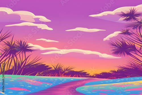 Summer Landscape in beautiful colors. 2d Animation Style illustration. Children Story Book Illustration. Kids Cartoon Background. Generative AI © Adithye