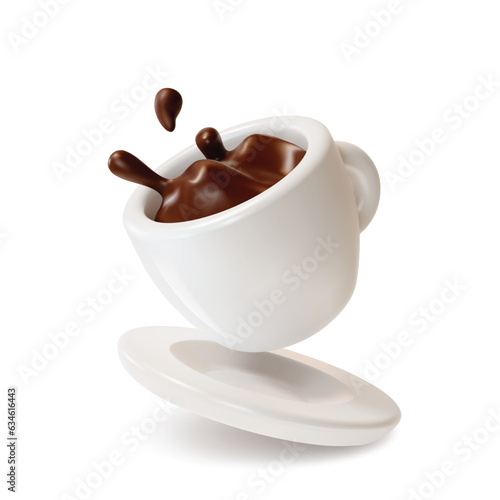 3d White Cup with Hot Coffee Splash Cartoon Style. Vector illustration of Falling Ceramic Mug with Espresso