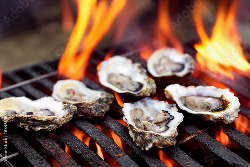 oysters on grill with fire