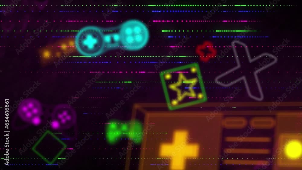 Animation of video game concept icons over light trails in seamless pattern against black background Animation of video game concept icons over light trails in seamless pattern against black background