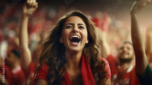 Epitomizing grouip of youth and fun women, Diverse, energetic group of fanclub with joy, cheer and excitement on football staduim, Generative AI