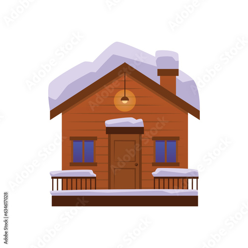 Wooden house with snow on roof and railing flat style, vector illustration