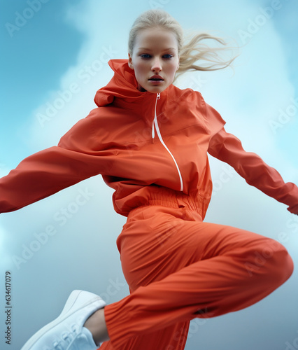  Beautiful fashionable woman in modern red activewear