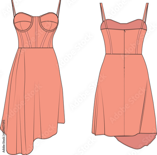 Underwire dress with  straps, Fashion Technical Drawings, Dress Technical Drawing,Fashion Templates, Dress Pattern, Dress Cad Drawing, Textile Flat Sketch, Fashion Templates, Dress Flat
